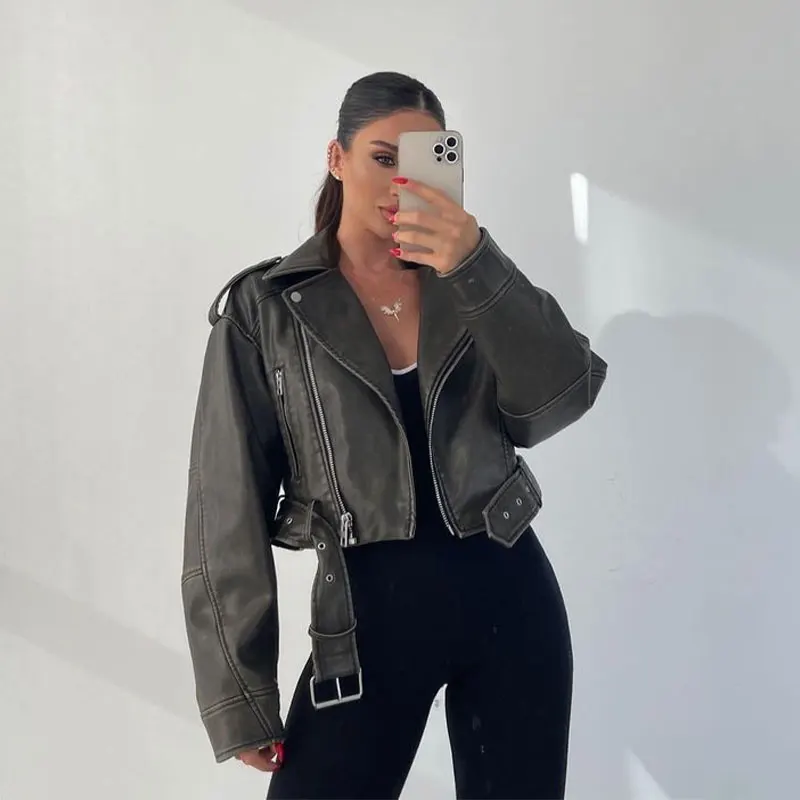 

Washed PU Leather Women's Jacket Vintage Collar Short Coat Belt Zipper Female Overcoat Loose Casual Motorcycle Streetwear Tops