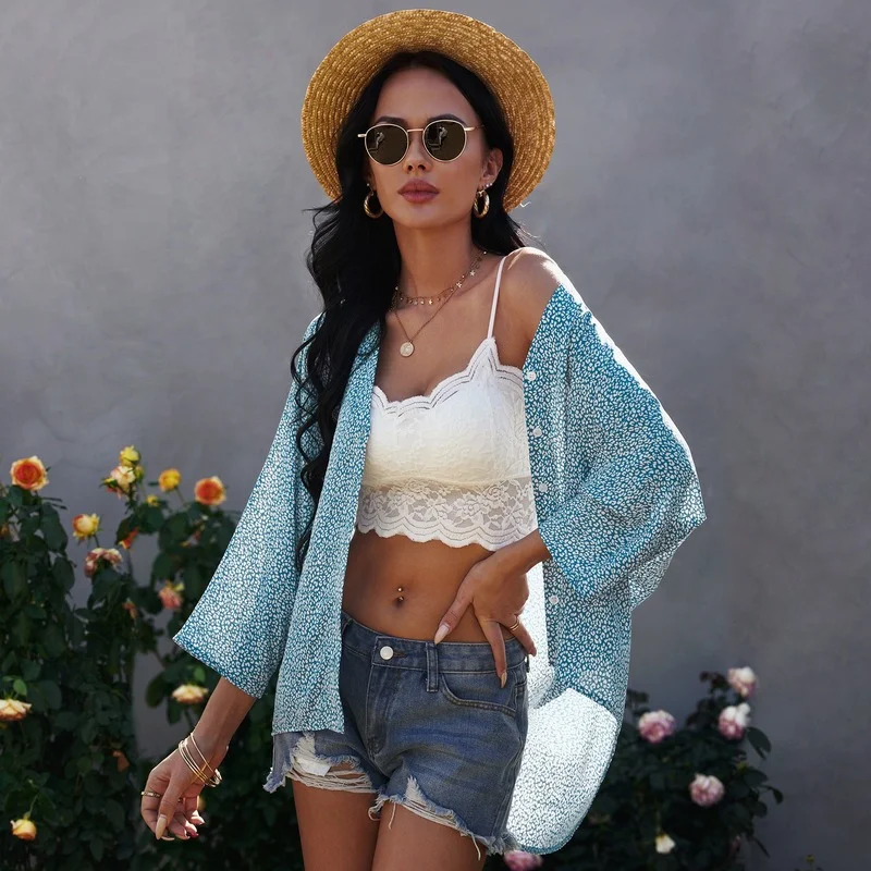 

Женская шифоновая блузка с V-образным вырезом и цветочным принтом