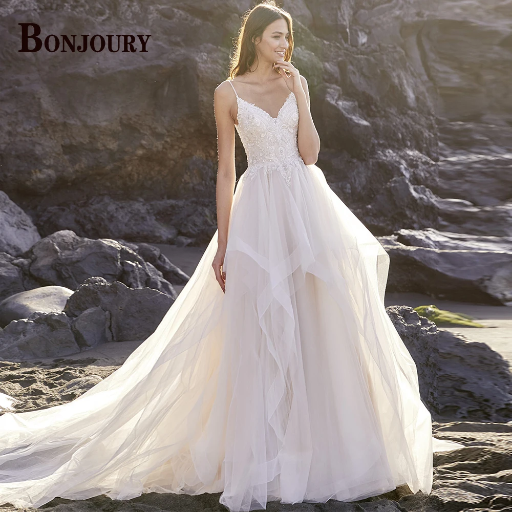 

Женское свадебное платье BONJOURY, элегантное ТРАПЕЦИЕВИДНОЕ ПЛАТЬЕ на тонких бретельках, с аппликацией, из тюля, в стиле бохо, на заказ