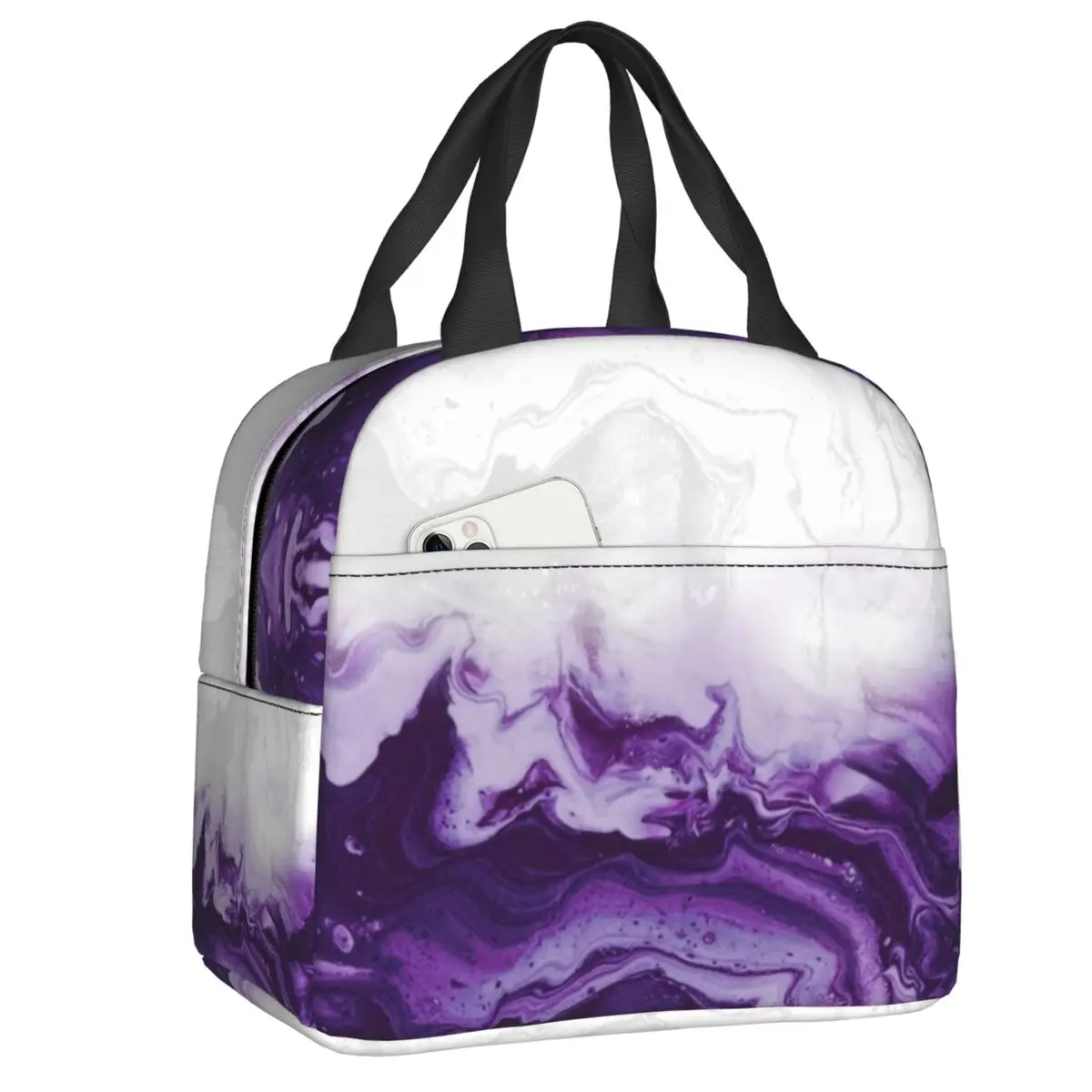 

Белая и фиолетовая мраморная Изолированная обеденная сумка для школы и офиса с абстрактной текстурой и узором, охлаждающая Термосумка для женщин и детей
