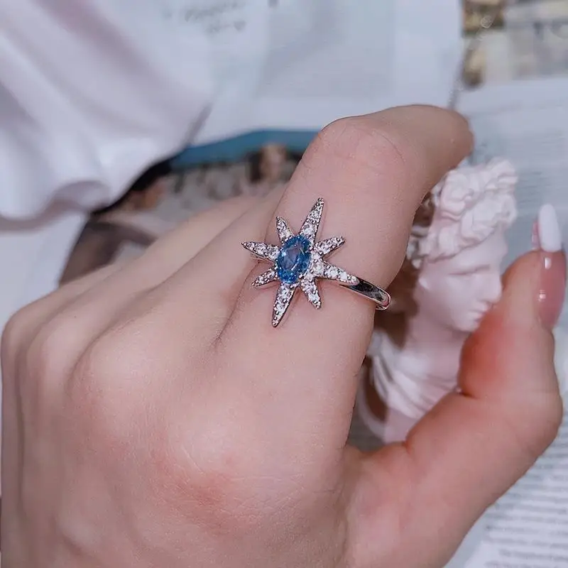 

Luxury Swiss Blue Ring Women Simple Six Star Natural Jewelry Fashion