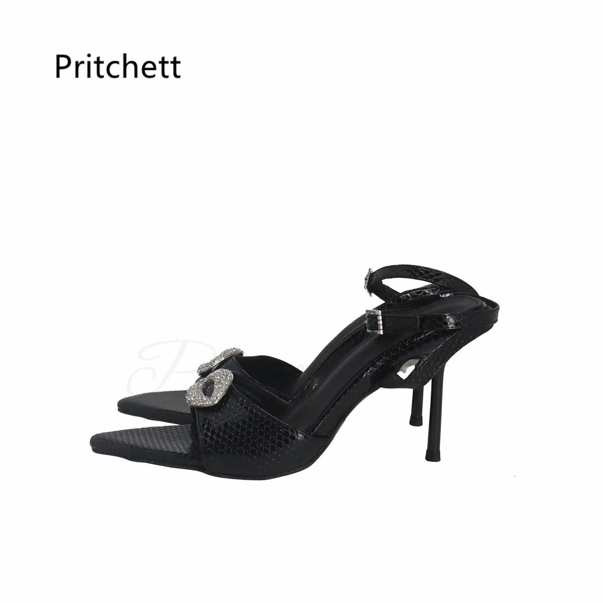 Rhinestone Open Toe Stiletto Sandals for Women Summer High Heels Sexy Black Leather Buckle Strap Pointy Sandals Party Shoes