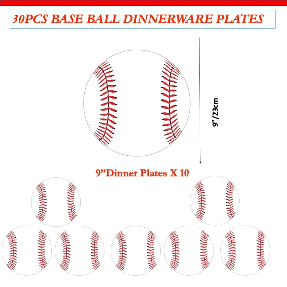 

30pcs Baseball Disposable 9in Plates of 30 people use For School College Home Baby Shower Wedding Birthday Anniversary Dinner