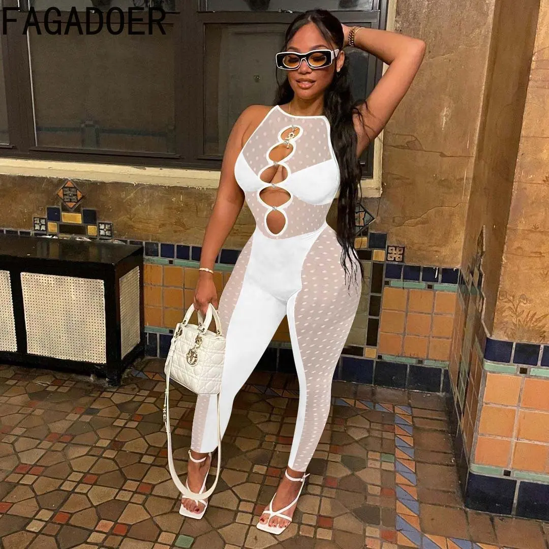 FAGADOER Sexy Mesh Hollow Out Jumpsuit Women Long Sleeve Perspective Patchwork Bodycon Playsuit Female Nightclub Overall Clothes