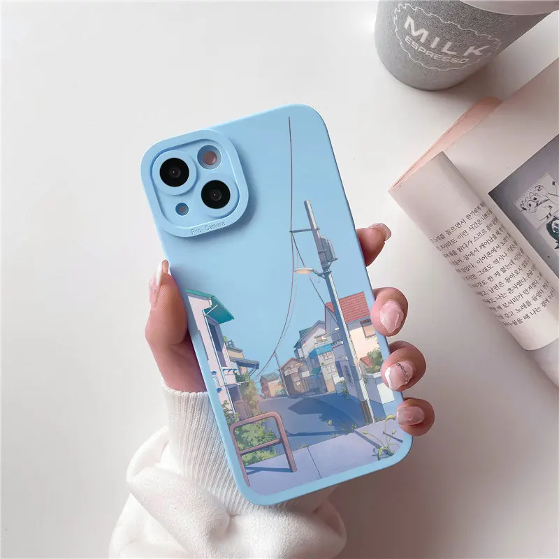 

Japan Anime Landscape Phone Case For iPhone X XS XR 11 13 12 14 Pro Max Street Phone Case For 7 8 14 Plus SE2 Scenery Soft Cover