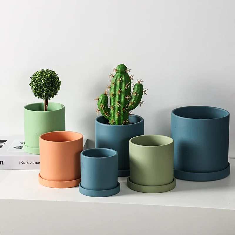 Однотонный матовый керамический цветочный горшок с подносом в скандинавском