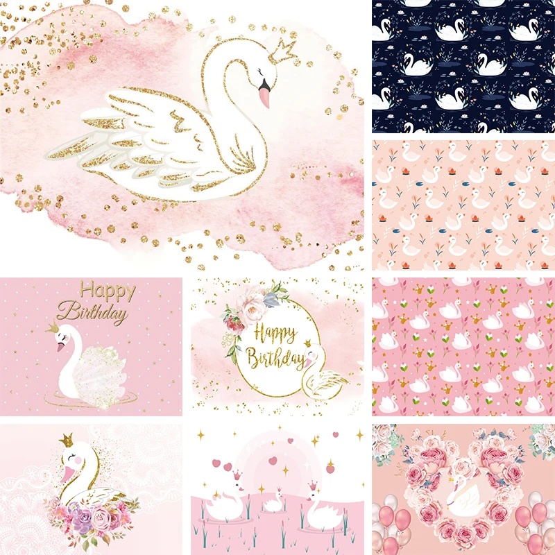 

Swan Photography Backdrop Newborn Kids Portrait Background Pink Flowers Poster Birthday Theme for Party Decoration Banner Props