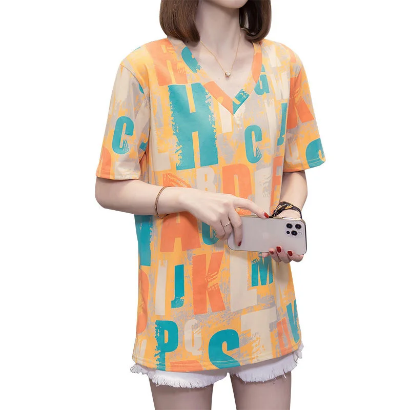 Футболка женская оверсайз с V-образным вырезом базовая Повседневная Свободная