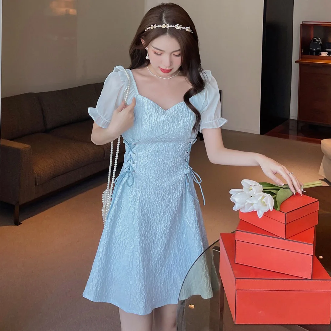 

Summer Women's Dress 2021 2022 New French Style Short Sleeve Flare Sleeve Square Collar High Waist Black Dresses Dropshipping