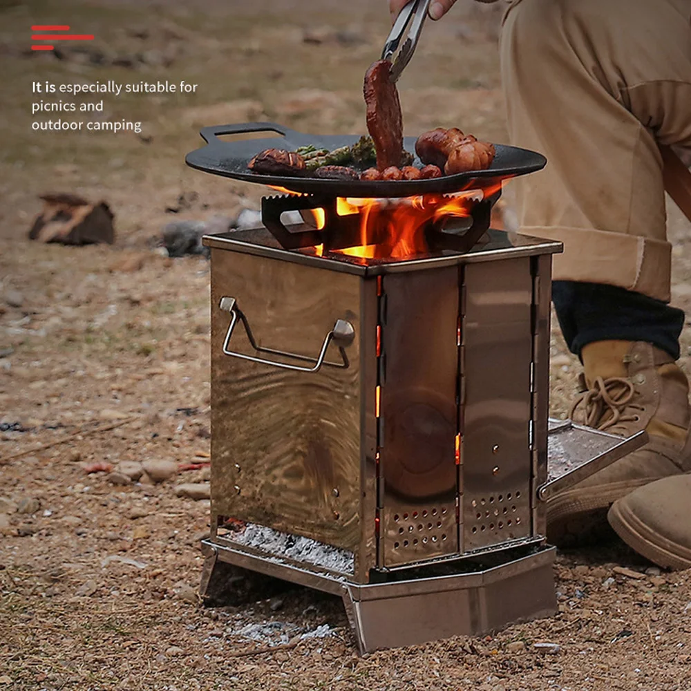 

Camping Equipment Fire Wood Heater Folding Stove Portable Barbecue Grill Outdoor Picnic Cooking Supplies With Handle Heat 화목난로
