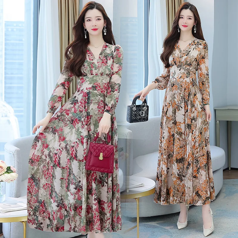 2023 Floral Long Sleeve V-Neck Maxi Dress Spring Autumn Elegant Party Evening Dress muslim maxi dresses for women