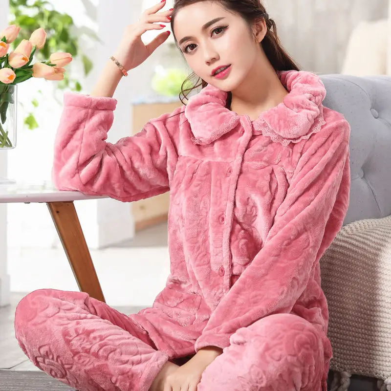 Thick Winter Pajama Women Thick Flannel Pajamas Set Women Long Sleeves Pajamas Pink Homewear Thick Home Suit