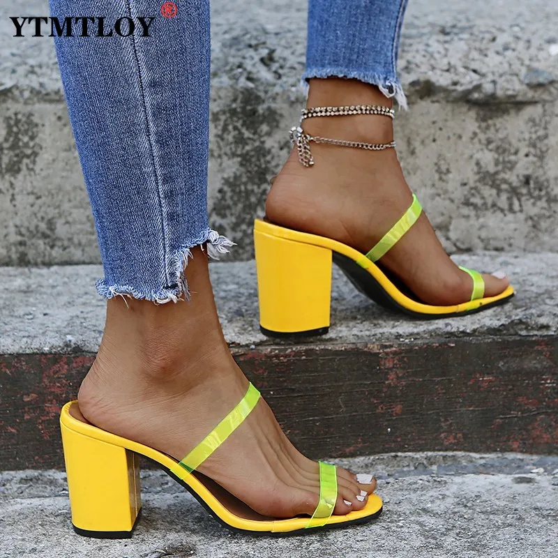 

2022 Women Transparent Pvc Sandals Ladies High Heel Slippers Candy Color Open Toes Thick Heel Fashion Female Slides Summer Shoes