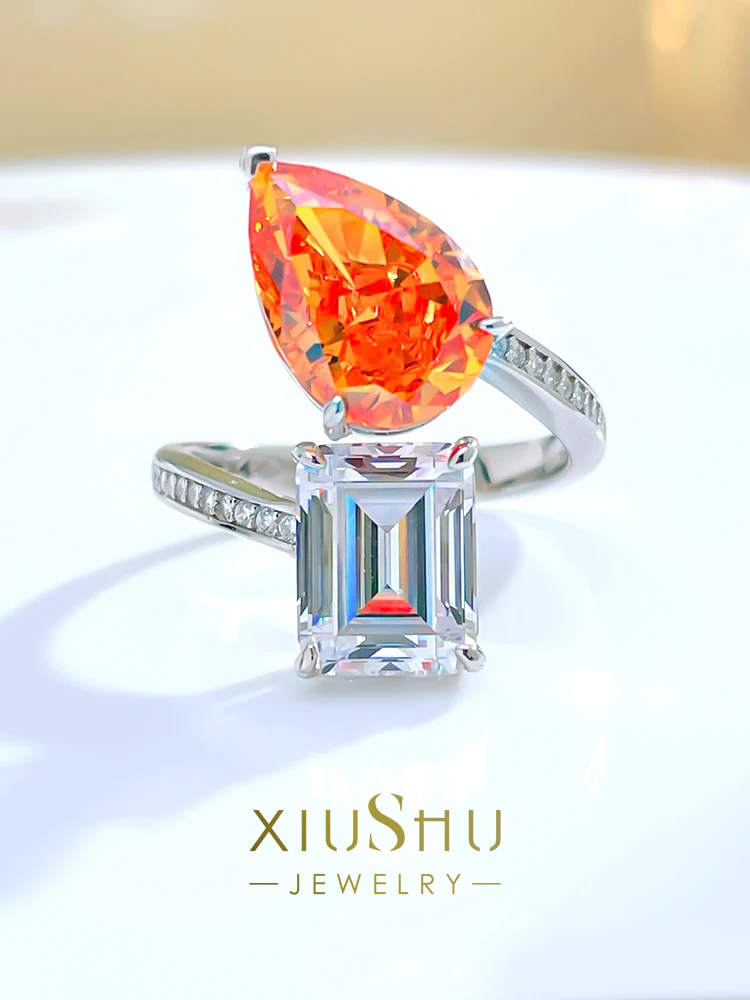 

Light Luxury Fanta Color Fashion Droplet 925 Silver Ring High Carbon Diamond Double Stone Contrast Color Crowd
