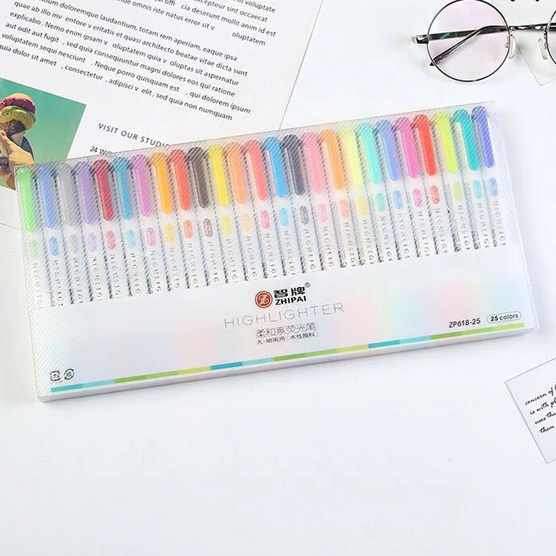 

25 Colors / Set Double Head Highlighter Pens Colored Ink Fluorescent Art Marker School Painting Drawing Stationery Supplies