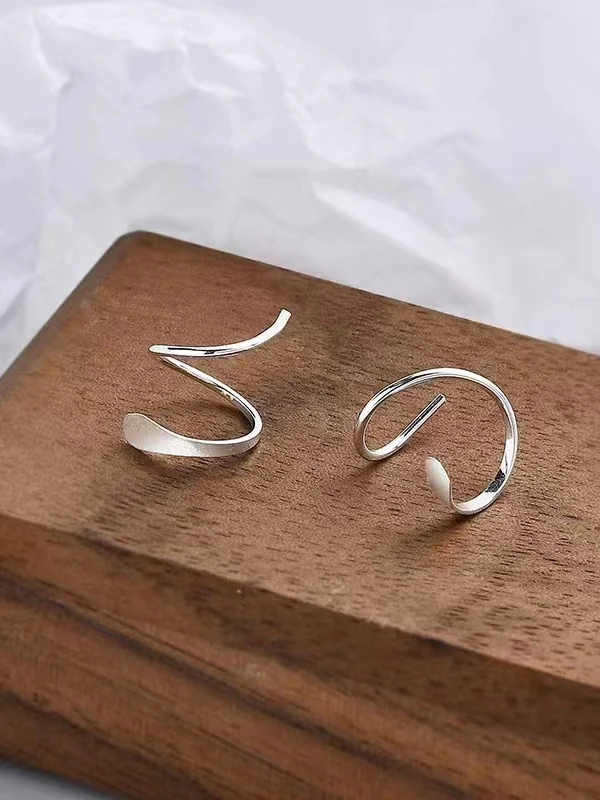 S999 Silver High-Grade Simple Wave Stud Earrings Women Sterling Square round Face Anti-Allergy Ear Care