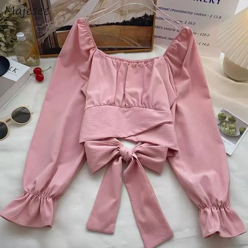 

Блузка женская облегающая с расклешенными рукавами, милая элегантная однотонная универсальная Модная рубашка принцессы, 6 цветов, Ulzzang, на весну