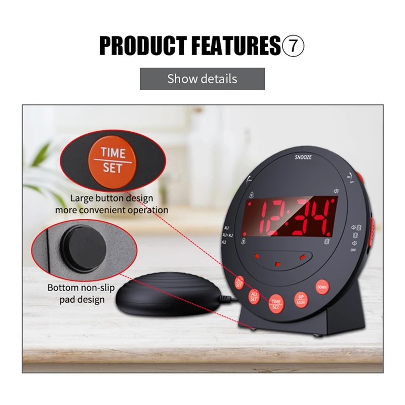 LED Vibrating Loud Alarm Clock For Heavy Sleepers Deaf Senior Kids Display Dimmer Snooze USB Charger | Clocks