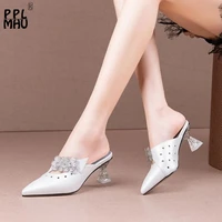 pu leather pointed high heel fashion rhinestones comfor luxury designer slides elegant non slip hollow crystal wedding shoes