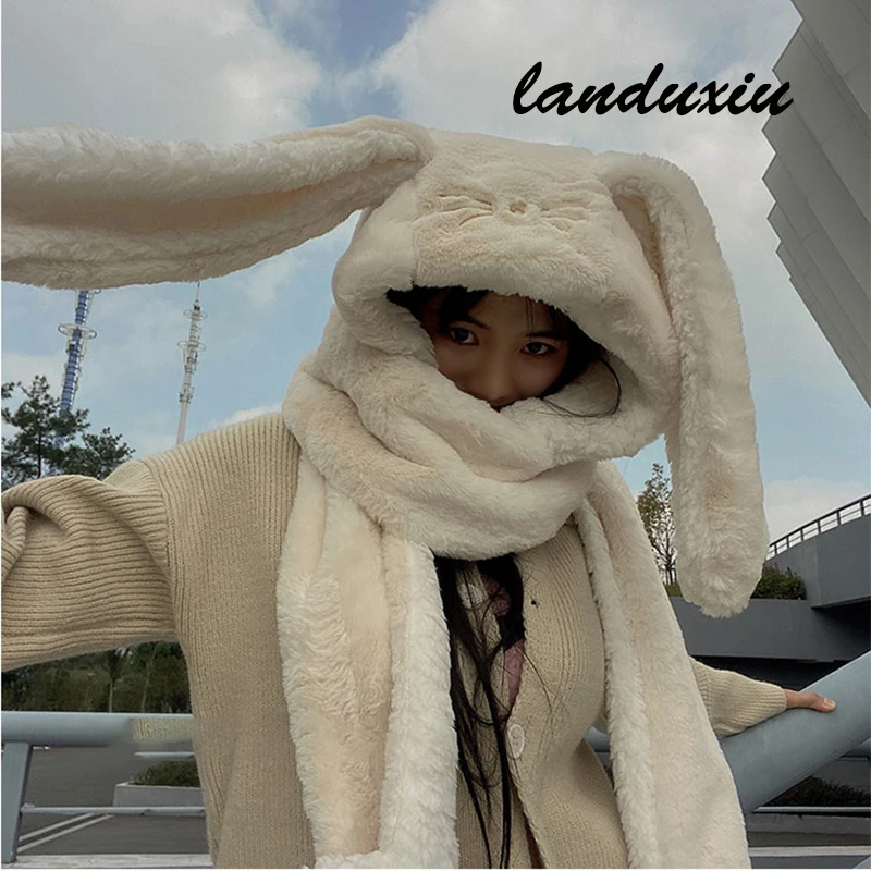 

Nieuwe Mode Sjaal Handschoen Vrouwen Leuke Grote Oor Bunny зимний Warme Zachte Verdikking Карманный Hoeden с капюшоном Landuxiu