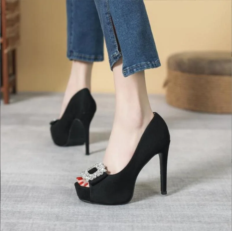

Peep Toe Women Pumps Sexy Platfrom High Heels Crystal Square Buckle 12CM Designer Party Club Office Pumps Suumer Spring Sandals
