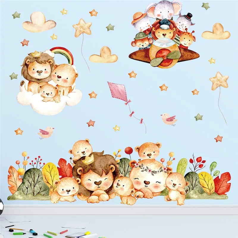 Счастливый Лев слон животные наклейки на стену для детей Спальня украшение