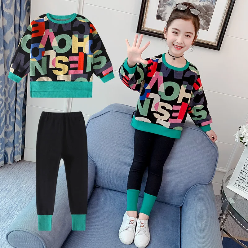

2022 New Kids Clothes Suit Girls Autumn Clothing Fashion Casual Big Children'S Letter Sweater+ Leggings Two-Piece Set