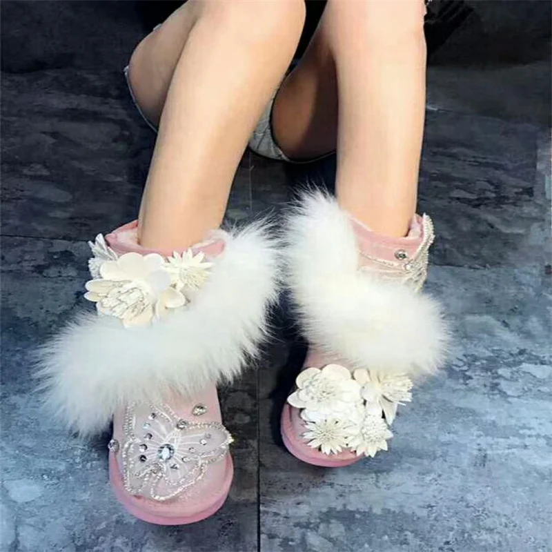 

Fur integrated fox fur butterfly handmade custom lace three-dimensional flower leather pink snow boots high-topwomen'sboots35-40