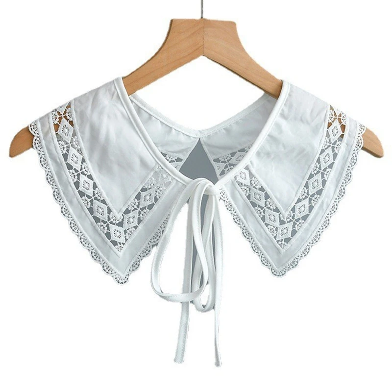 

Women Elegant Decorative Faux Collar Shawl Hollow Out Embroidery Diamond Rhombus Lace Splicing Scarf Scalloped Trim Lace-Up