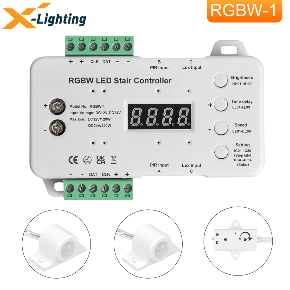 New RGBW Stair LED Motion Sensor Light Controller For Stairs Home Use DC 12V 24V 16 Steps Night Light