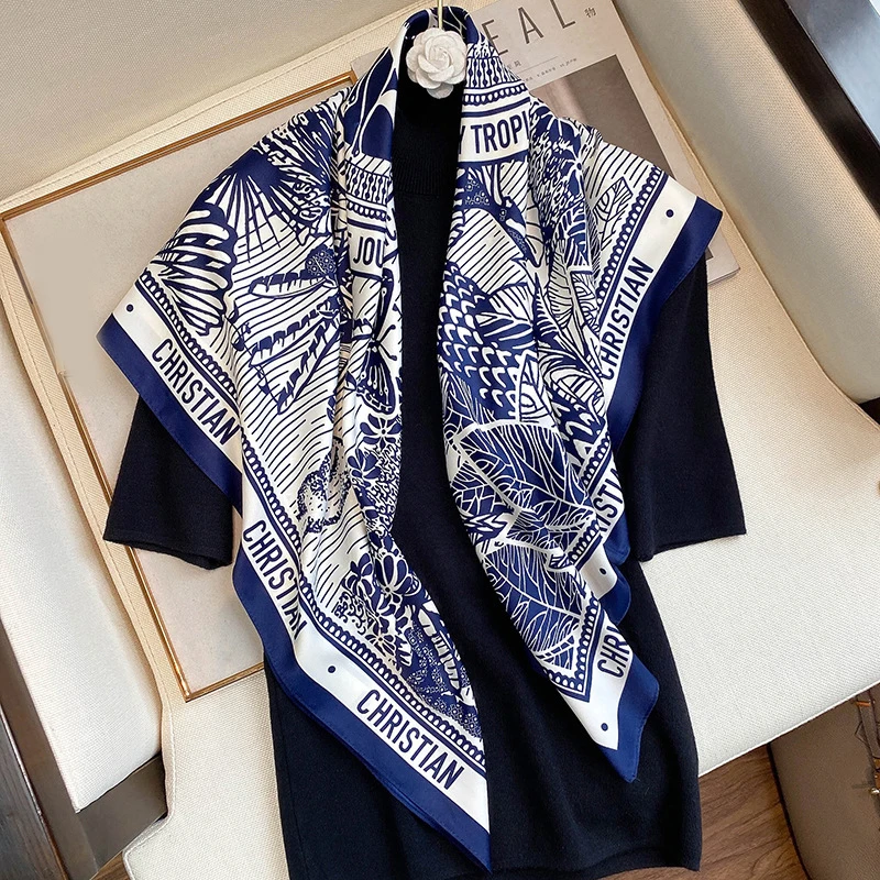 Luxury Design Square Scarf Hijab Women Satin Silk Bandana Muslim Headband Neckerchief Female Hair Band Wrap Shawls Foulard 90cm