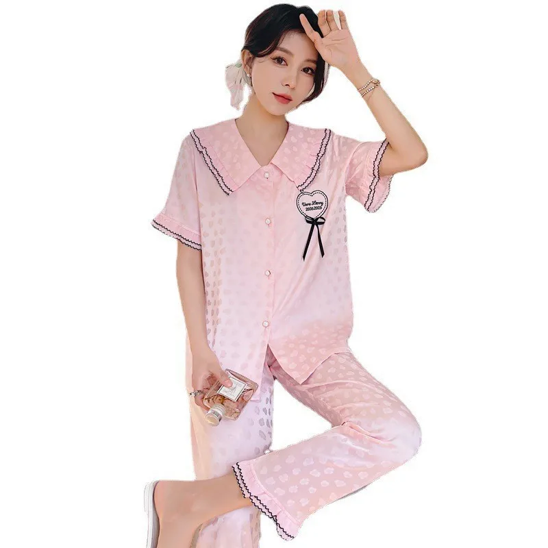 2023 Spring and Summer New Jacquard Pajamas Women's Artificial Silk Short-Sleeved Trousers Love Suit Large Size Can Be Outerwear