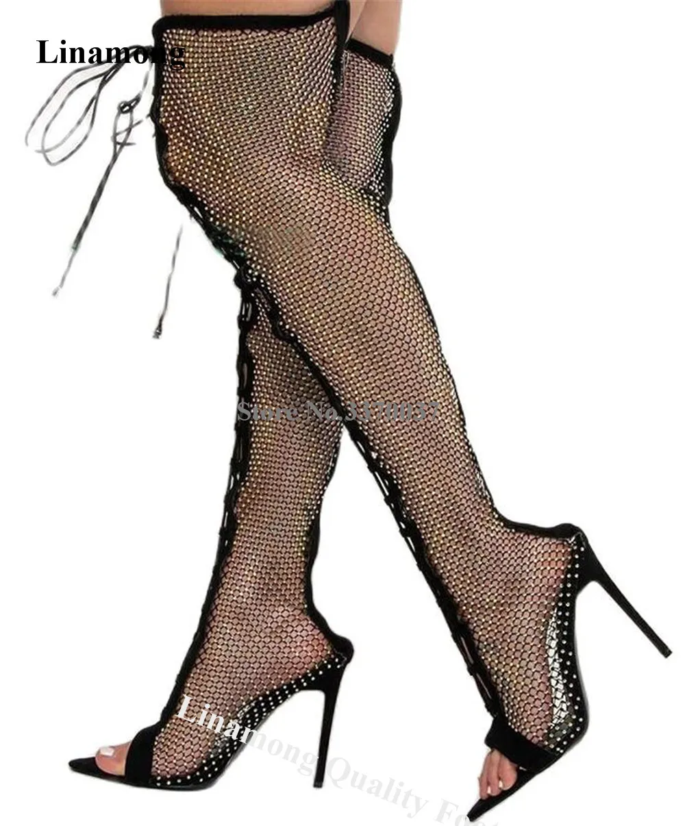 Linamong Bling Bling Rhinestones Mesh Over Knee Boots Pointed Open Toe Clear Sequins Crystals Stiletto Heel Long Boots