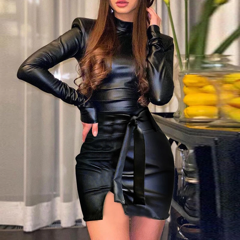 

Пикантное облегающее вечернее вечерние-платье с запахом на бедрах, женское модное платье с длинным рукавом и высоким воротником, женское эл...