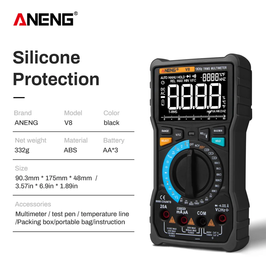 

ANENG-V8 Multimeter Digital Backlight Detector Non-contact Temperature Capacitance Tester Multifunctional Meter Red