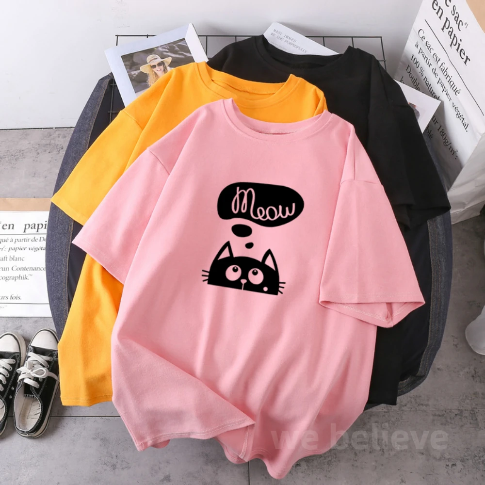 

Fashion Shorts Sleeve Tops Tees Hip Hop Meow Funny Cat Camisetas O-neck Lady Clothes K-pop Shirts Casual Leisure Female T-shirts