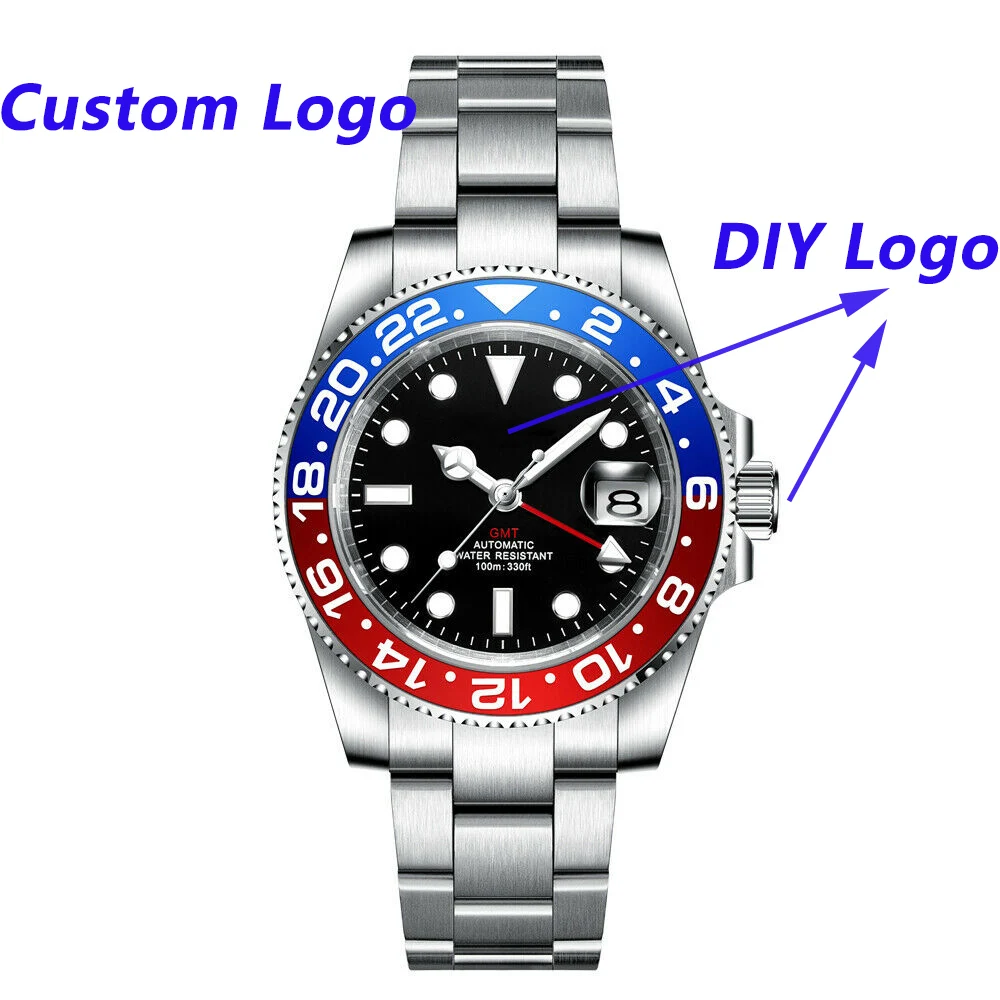Enlarge Custom Logo Luxury GMT 40MM Watch Men's Mechanical Wristwatch Stainless Steel Sapphire Glass Automatic Male Clock Reloj Hombre