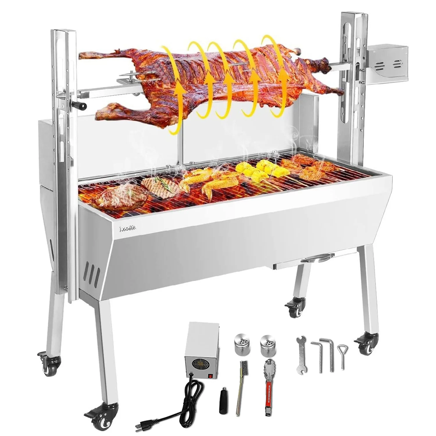 

132LB Stainless Steel Rotisserie Grill with Back Cover Guard 25W Motor Small Pig Lamb Rotisserie Roaster BBQ Charcoal Rotisserie