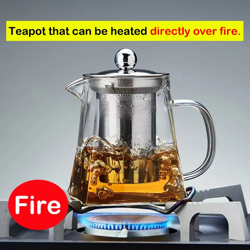 

New Heat Resistant Glass Teapot With Stainless Steel Infuser Heated Container Tea Pot Good Clear Kettle Square Filter Baskets
