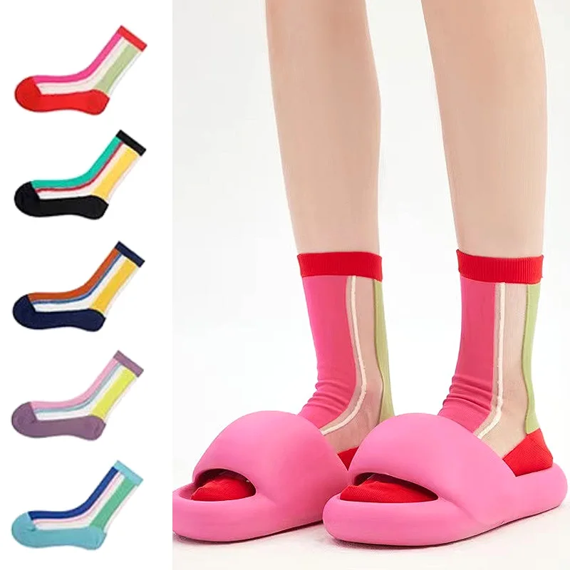 

Women Thin Strip Patchwork Socks Glass Silk Socks Rainbow Color Short Tube Cotton Card Silk Summer Fashion Casual Breathable