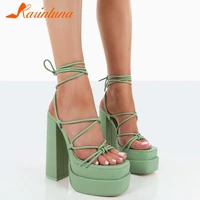 trendy new womens sandals summer square high heels green rome lace up platform woman sandals sexy party concise shoes ladies