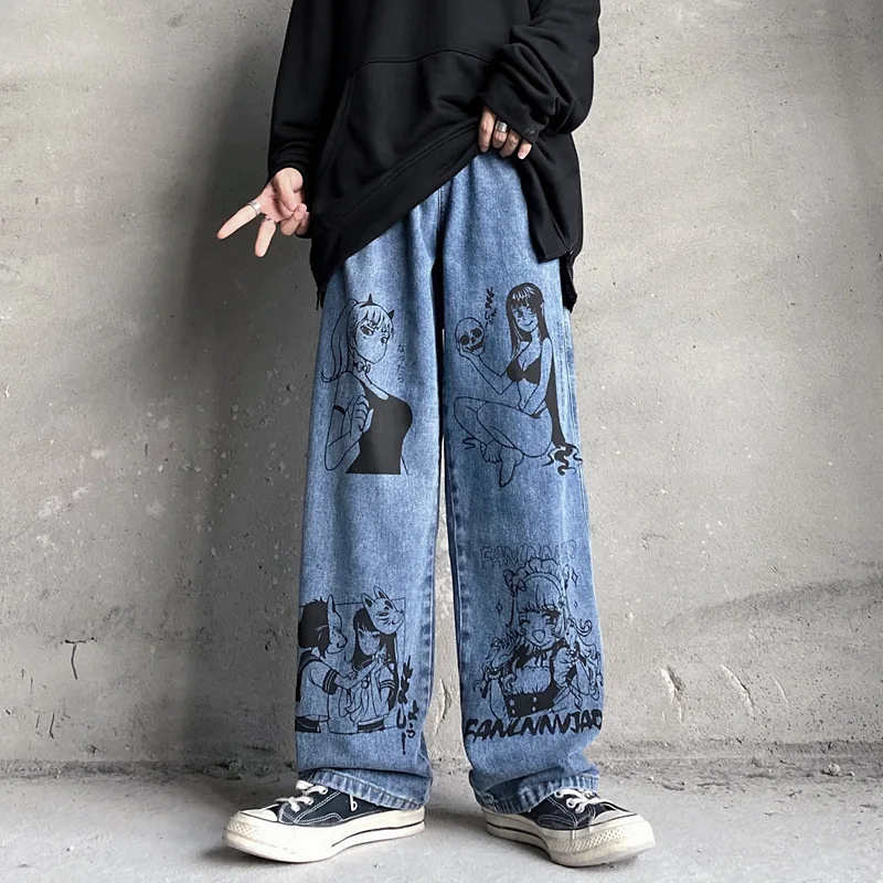 Jeans Men's Brand Clothing Cartoon Printing Harajuku Korean Casual Fashion Graffiti Loose Wide-leg 9-point Pants Men Streetwear