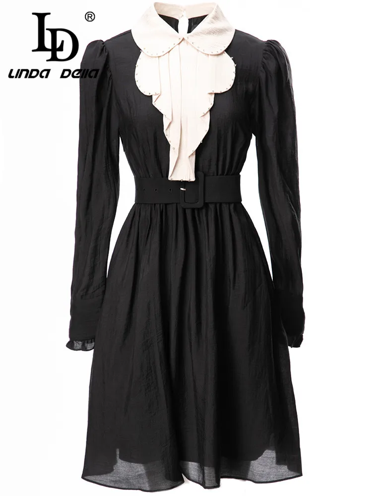 LD LINDA DELLA Fashion Runway Autumn Winter Mini Dress Women Turn-down Collar Beading Belted Long sleeve Black Short Dress