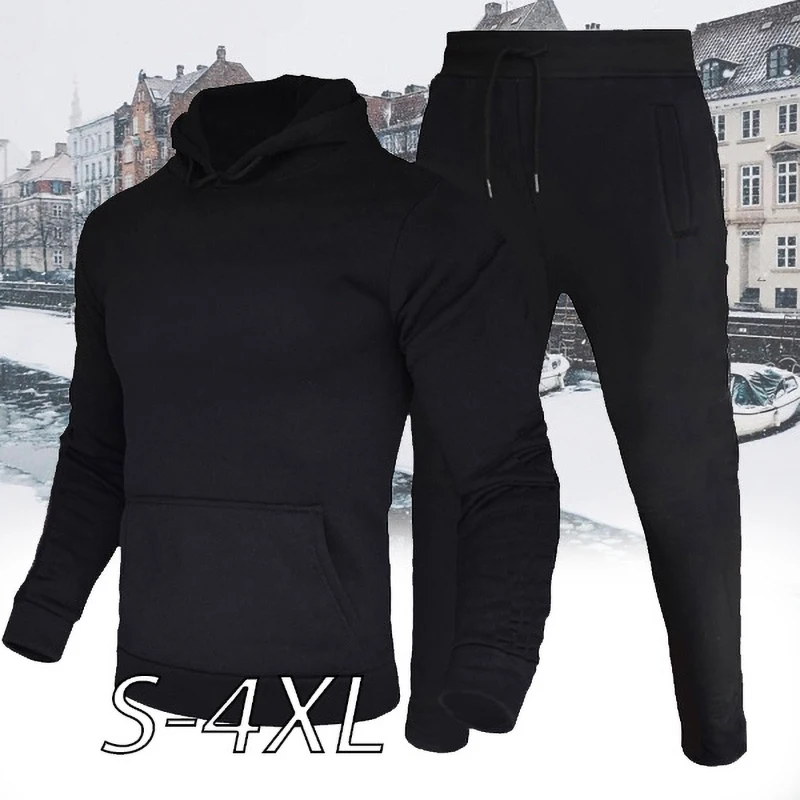 Men's Tracksuits Solid Color Hoodies+Pants 2 Pieces Set Fleece Hooded Sweatershirts Sweatpants Fashion Streetwear Male Outfits