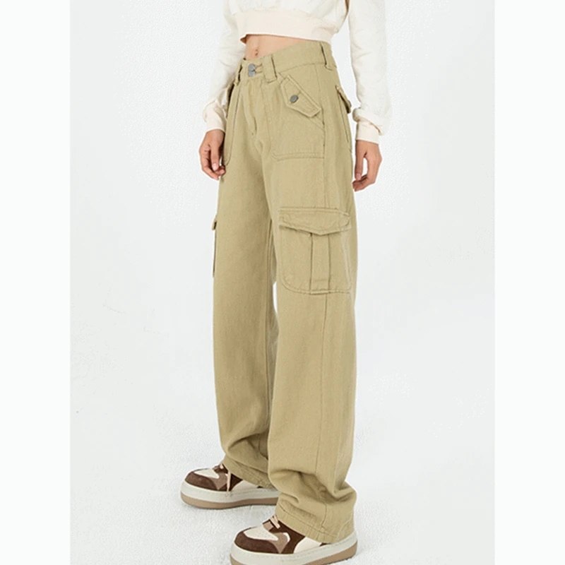 Woman's Cargo Jeans High Waist Summer Wide Leg Denim Trouser Baggy Street Chic Design Ladies Khaki Vintage Straight Jean Pan