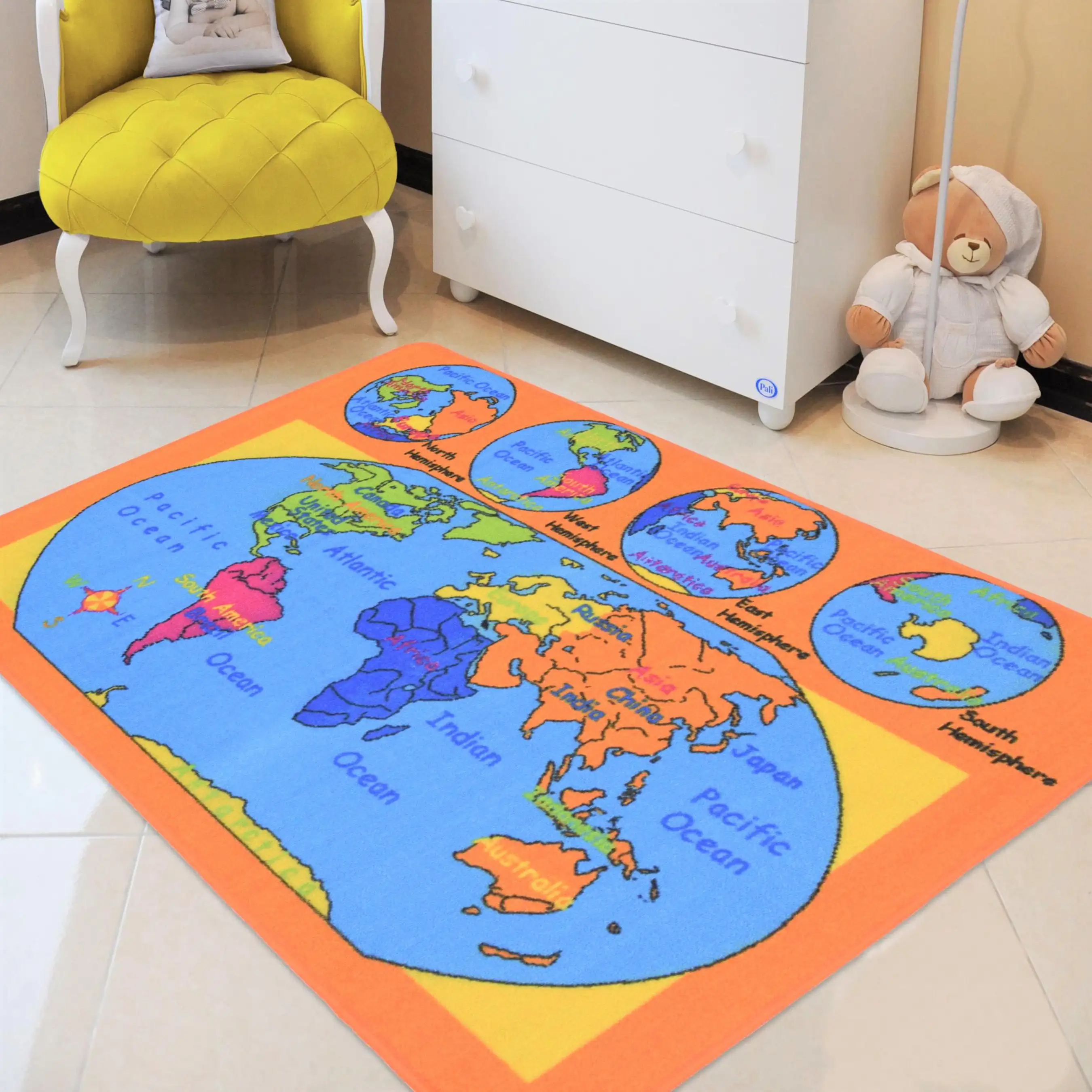 

World Map Kids Educational play mat For School/Classroom / Kids Room/Daycare/ Nursery Non-Slip Gel Back Rug Carpet-3 by 5 feet