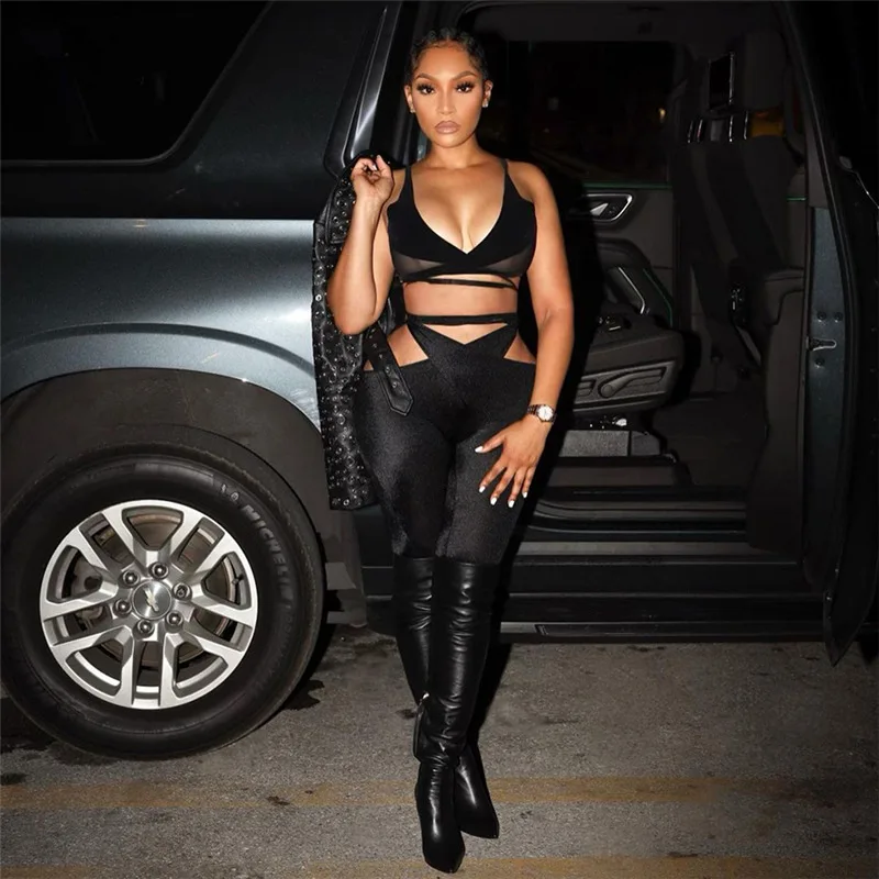 

BoozRey 2023 Spring Women's New Sexy Hollow Mesh Stitching High Waist Tight Trousers Slim Two Piece Women Set Outfits