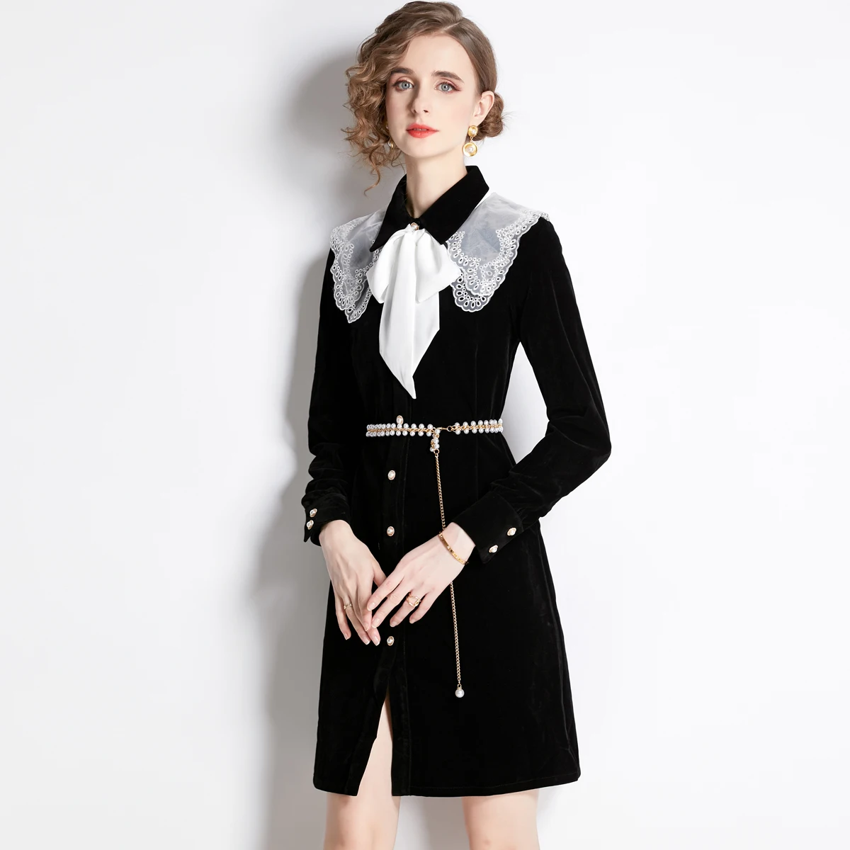 Autumn and winter elegant embroidery splicing bow neck dress women's long-sleeved dress