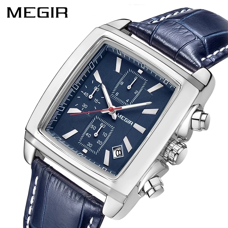 

MEGIR Original Watch Men Top Brand Luxury Rectangle Quartz Military Watches Waterproof Luminous Leather Wristwatch Men Clock