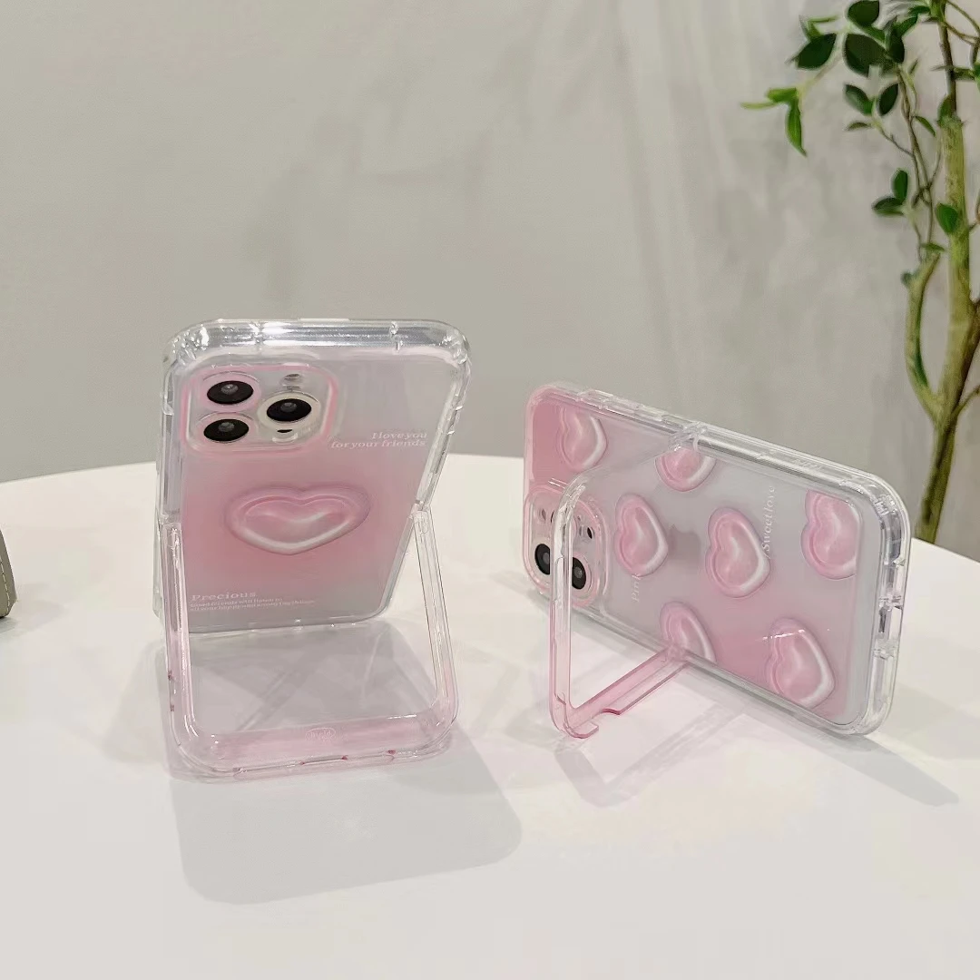 

OLOEY Pink Gradient Love Heart Bracket Phone Case For 11 12 Pro 13 14 Pro Max X XS Max XR Clear Lens Shockproof Bumper Cover